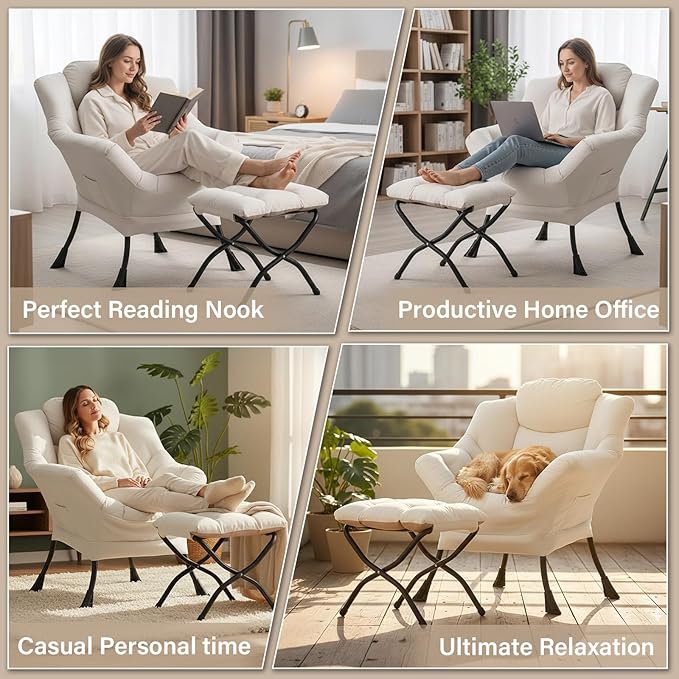 Cozy Lazy Chair and Ottoman Large Contemporary Peach Beige Accent Chair Set Leisure Upholstered Reading Armchair for Bedroom Living Room Dorm Rooms Office Balcony