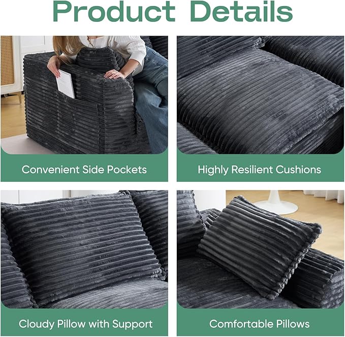 113 Modular Sectional Sofa Oversized L-Shape Cloud Sectional Couch with Deep Seat Modern Boneless Cloud Couch with Side PocketsUpholstered Comfy Sectional Couch for Living Room CorduroyGrey | No