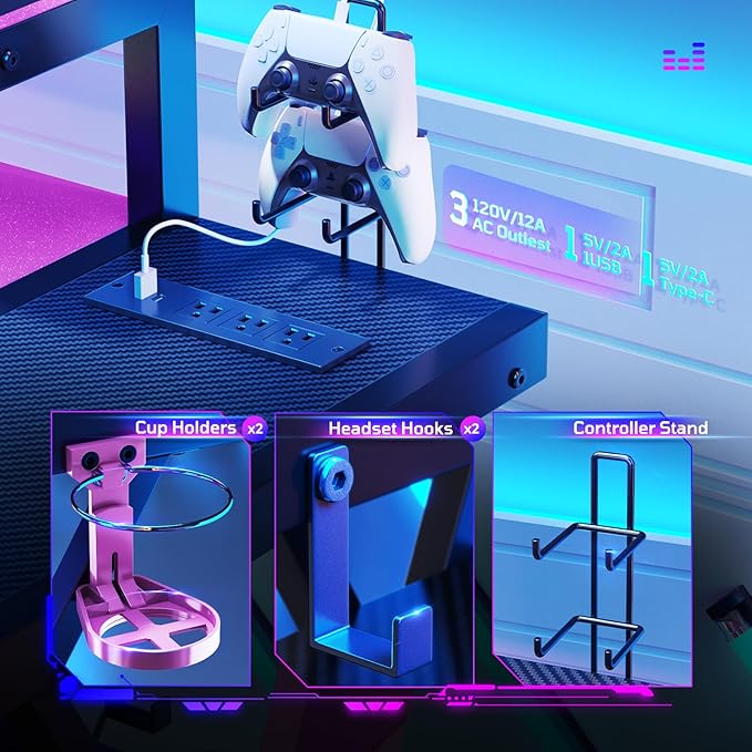 Bestier Computer Desk with Music Sync Light Flow Vibe Corner Desk with Monitor Stand and PS5 Storage Shelves Cup Holders and Headset Hooks for Bedroom Small Space (Black Purple 57 Inch)