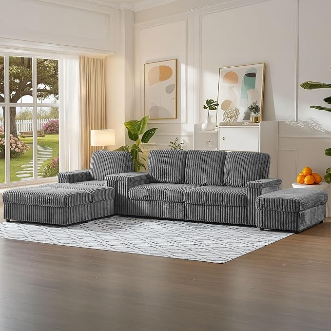 127 Modular L Shaped Sofa Couch Modern Comfy Corduroy Couch Convertible Sectional Sofa Set with 3 Ottomans Chaise Armrest Storage Cup Holder Home Sofa Living Room Free Combination (Grey)