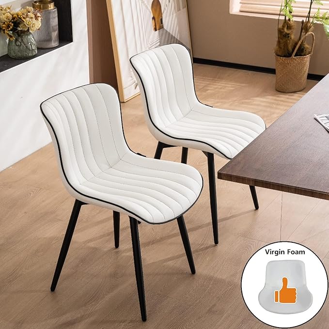 YOUNUOKE Mid-Century Modern Dining Chairs Set of 2 White PU Leather Upholstered Kitchen Chairs with Black Metal Legs Armless Accent Chair for Dining Room Guest Reception Room