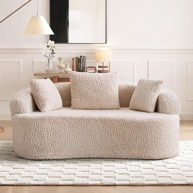 Curved Loveseat Sofa Couch Luxury Deep Seat Loveseat Sofa Couch for Small Place Modern Cloud Couch Floor Couch with 3 Pillows for Living Room &amp Bedroom No Assembly Required (Beige)