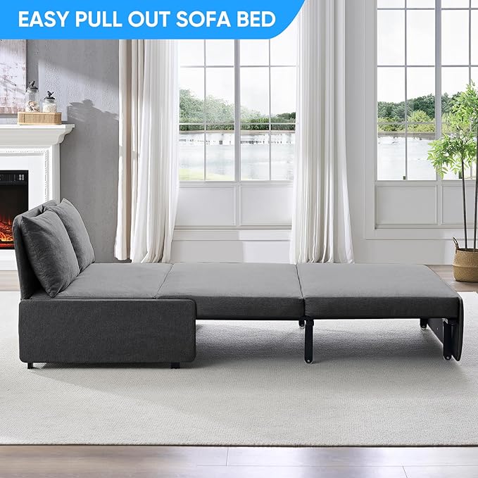 Mjkone 43 W Twin Size Pull Out Sofa Bed Chair 2-in-1 Modern Pull Out Linen Futon Sleeper Sofa Couch Revesible Couch Bed with Throw Pillows for Small Place Apartment Living Room Office (Dark Gray)