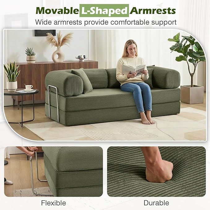 Sofa Bed 79 Convertible Sleeper Sofa with Pull Out Bed 5-in-1 Folding Corduroy Futon Couch Modular Loveseat Sofa Bed for Living Room Bedroom &amp Apartment Green