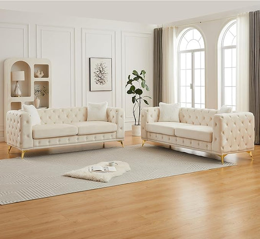 KEIKI 2-Piece Luxury Chesterfield Sofa Set with 2 Velvet 3-Seater Sofa Mid-Century 6-Seater Tufted Buttons Couch Set with 4 Pillows &amp High-Density Foam Cushions Easy Assembly for Living Room B