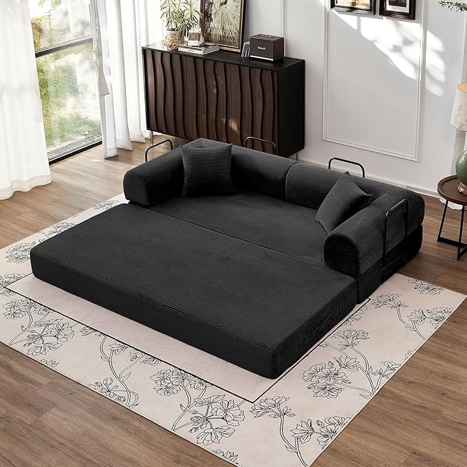 79 5-in-1 Convertible Sofa Bed King Size Sleeper with Bonus Pillows &amp Heavy Duty Frame No Assembly Corduroy Couch Bed for Movie Night &amp Guest Room Black