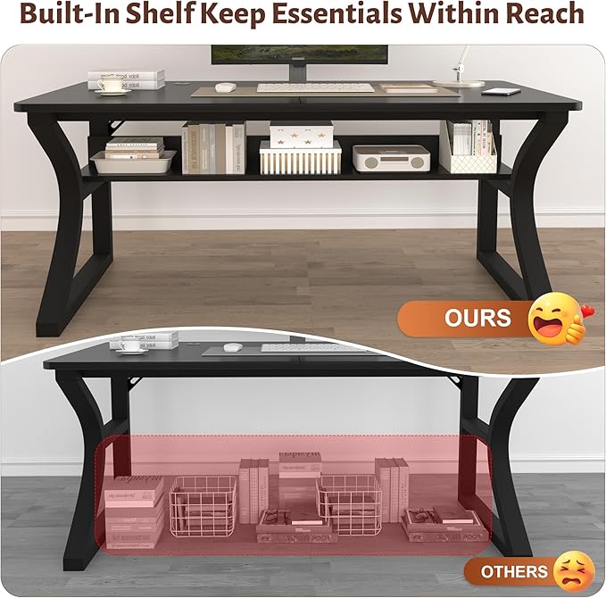 Computer Desk 47 x 23.6 Inch Home Office Desk Large Modern Computer Desks with Storage Shelf Metal Frame Work Study Writing Office Desk with Cable Hole Wide Desk for PC &amp Monitors (Black 47)