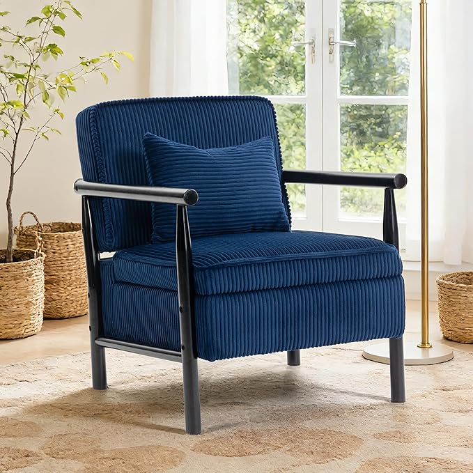 Accent Chair Comfy Modern Mid-Century Accent Chairs with Storage Corduroy Upholstered Lounge Armchair with Solid Wood Reading Side Single Sofa for Living Room/Office/Balcony/Bedroom-Blue