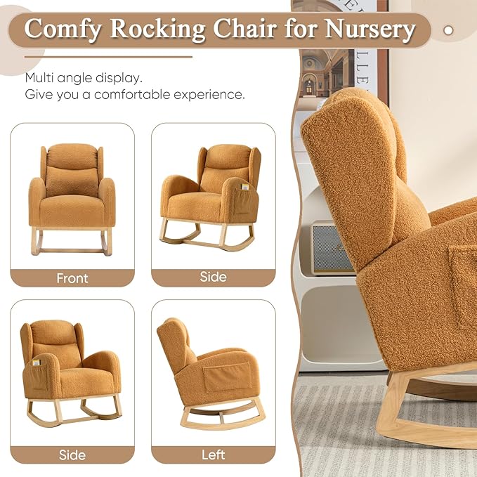 Rocking Glider Chair for Nursery Wingback Teddy Accent Rocker Chair Upholstered Tall Back Arm Chair w/Side Pockets Modern Leisure Single Sofa for Living Room Hotel Bedroom Baby Room Khaki