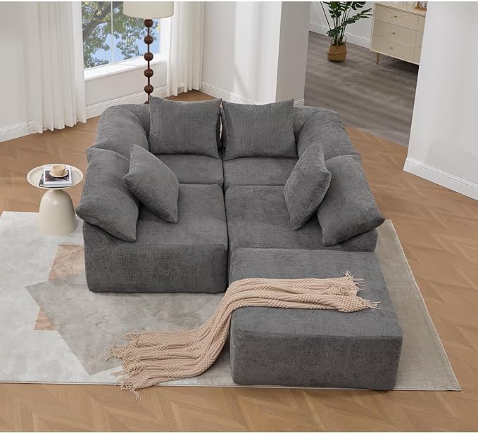 142 L Shaped Chenille Sectional Sofa Oversized Fluffy Cloud Couch with Memory Foam 5 Seater Modular Sleeper Sofa with Ottoman for Living Room No Assembly Gray