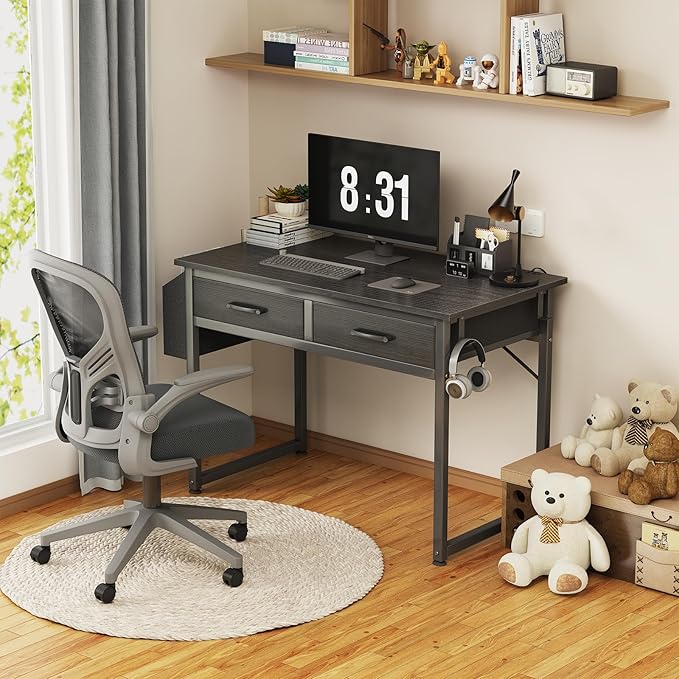 DLisiting Small Desk with Fabric Drawers for Bedroom 32 Inch Gaming Desk with 2 Drawers for Small Space Study Writing Table PC Desks Black