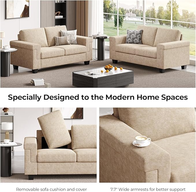 2 Seater Sofa Couch with Deep Seat 64 Modern Upholstered Loveseat Sofa with Armrests Easy Installation Comfy Couches for Living Room Apartment Beige