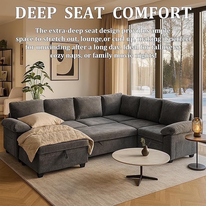 85 Inch Modular Sectional L Shaped Couch Sofa with Pull Out Bed5 Seat Sectional Sleeper Sofa with StorageCouches for Living Room (Gray 5 Seat Sleeper Sofa)