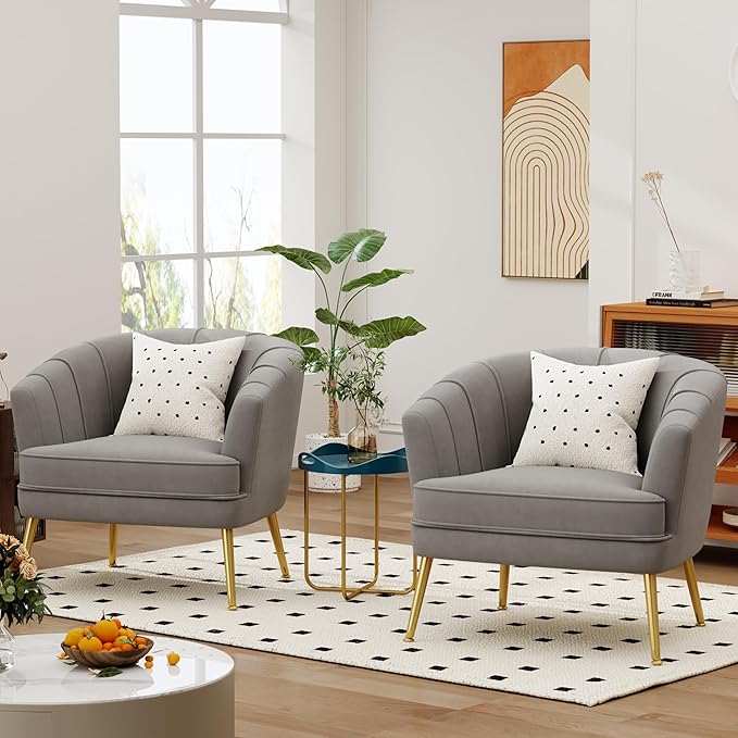 Velvet Accent Chair for Living Room Bedroom Office - Upholstered Single Sofa Arm Chair With Metal Legs Comfy for Reading Leisure Club Coffee - Grey