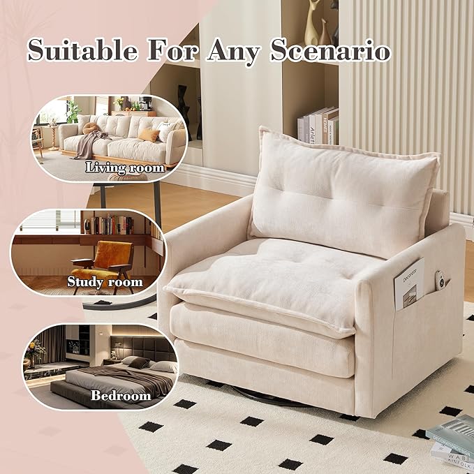 Oversized Swivel Barrel Accent Chair Chenille Comfy Cloud Sofa Chair with Large Seat and Upholstered Armrests Modern Extra Wide Armchair Reading Chairs for Bedroom Living Room (Beige)