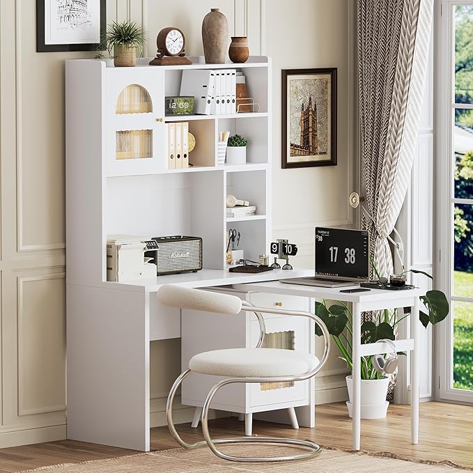 Merax Computer Desk with 90 Degree Rotating Desktop L Shaped Office Desk with Storage Drawer and Cabinets Writing Desk with Shelves for Study Work Desk for Office Bedroom Living Room White