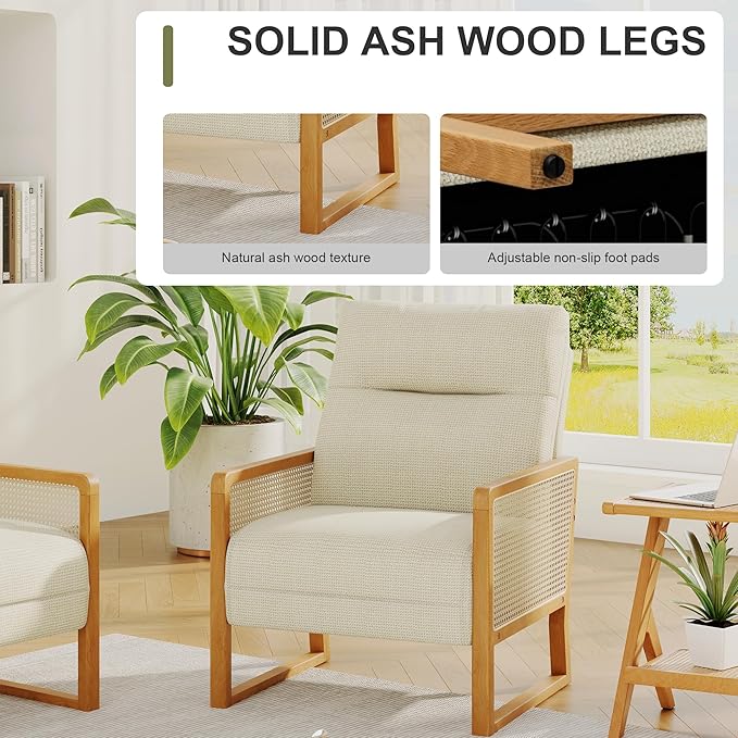 Upholstered Rattan Accent Chair Modern Linen Armchair with Ash Wood Legs Comfy Arm Chair for Living Room Bedroom Beige