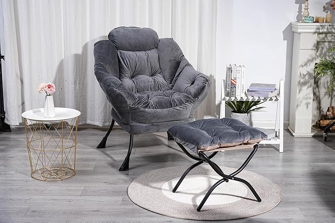Living Room Chairs Modern Cotton Fabric Lazy Chair Accent Contemporary Lounge Chair Single Steel e Leisure Sofa Chair with Armrests and A Side Pocket (Dark Gray)with Ottomanwith footrest