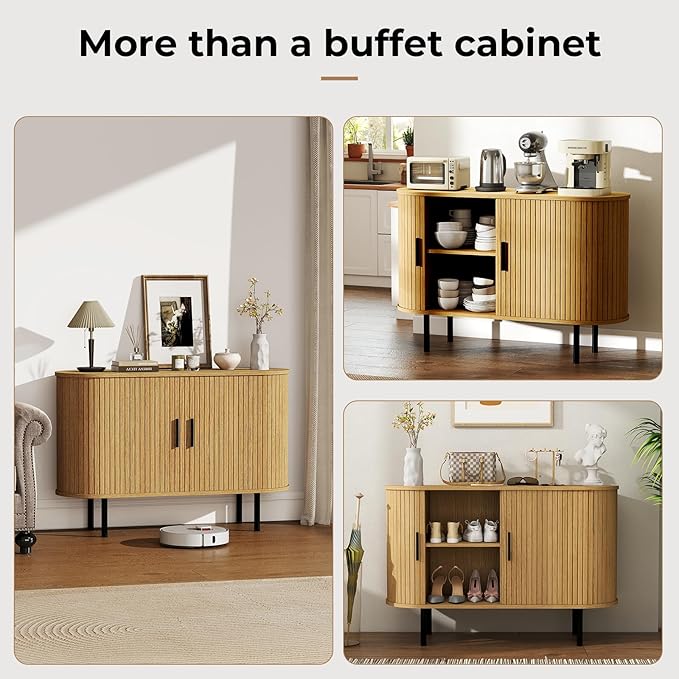 BREEZEHEAT 47 Mid Century Modern TV Stand-Fluted Sideboard Buffet Cabinet –Tambour Credenza Console Table w/Sliding Doors &amp Adjustable Shelves–Small TV Stand for Living Room/Bedroom