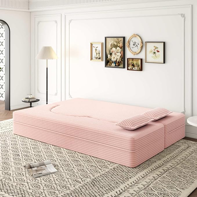 Modern 2-in-1 Convertible Sofa Bed 78 Full Size Corduroy Floor Sofa with 2 Pillows Folding Mattress Sleeper for Living Room &amp Guest Room No Assembly Required