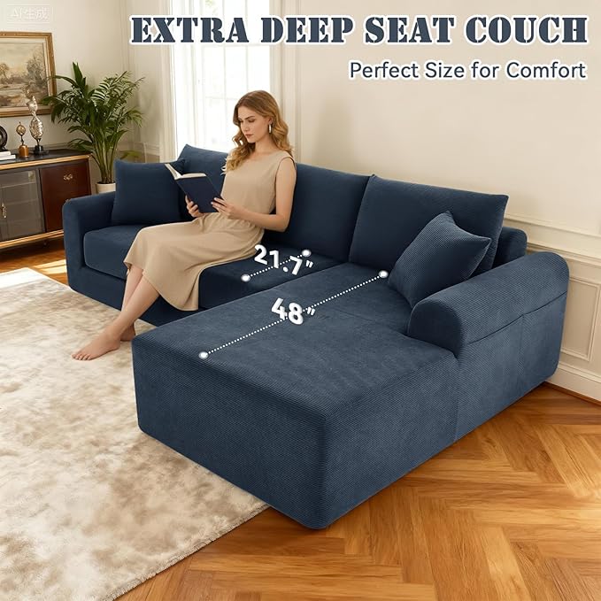 103 Modular Sectional Sofa Couch with ChaiseFolding L-Shape Sofa Bed with Deep SeatCorduroy Convertible Couch BedCompression Cloud Boneless Couches for Living Room(Navy BlueRight Facing Chaise)