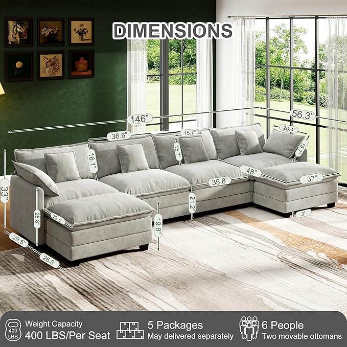 146 Cloud Couch Sectional U Shaped Modular Sectional Sofa 4-Seat Deep Seat Couch with 6 Removable Washable Pillows and 2 Ottoman for Living Room Bedroom Apartment Light Grey