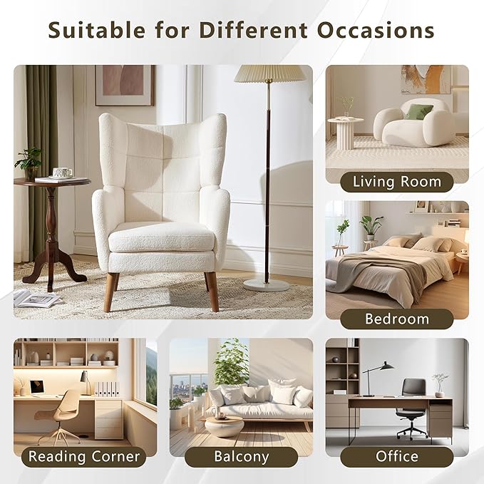 Accent Chair for Bedroom White Boucle Upholstered Armchair - Modern Small Comfy Reading Chair with High Back for Living Room Home Office Dressing Vanity Chair Dressing Room Small Spaces