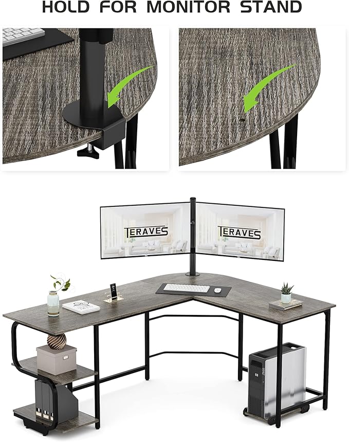 Teraves Reversible L Shaped Desk with Large Surface 61 Inch Sturdy Corner Desk with Storage Shelves Premium Office Computer Desk Workstation for Home Office Gaming