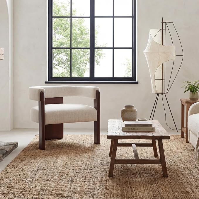 Modern Barrel Accent Chair Cozy Upholstered Beige Linen Living Room Chair for Bedroom Walnut Wood Frame Low Back Armchair Vintage Lounge Reading Chair for Apartment Waiting Room Office