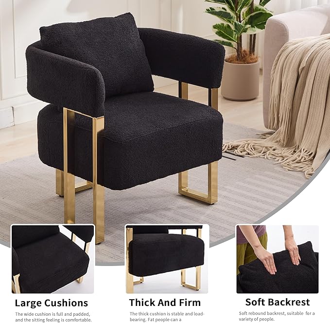 YITAI Modern Accent Chairs no Wheels Living Room Side Chairs Set of 2 with Golden Metal Legs Barrel Soft Teddyt Upholstered Reading Armchairs for OfficeReception RoomBedroomLoungeBlack