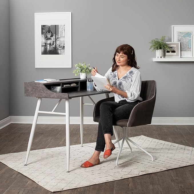 Calico Designs Woodford 45” Wide Modern Secretary Writing Desk with Low Storage Hutch and Whtie Metal Tapered Legs in Marbled Dark Grey White