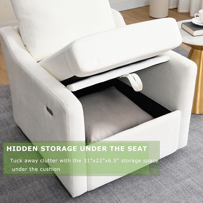 30 White Oversized Swivel Barrel Accent Chair with USB Charging &amp Under-Seat Storage360° Rotating Comfy Reading Arm Chair with Chenille Upholstered for NurseryLiving Room &amp Office(White)
