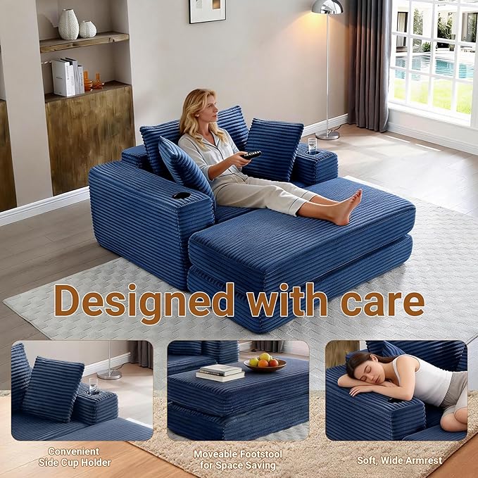 53 Oversized Chaise Lounge Chair Indoor Modular 3-in-1 Corduroy Boneless Chair Cloud-Like Cozy Comfy Sofa Bed Sleeper Couch for Reading Living Room Bedroom Blue