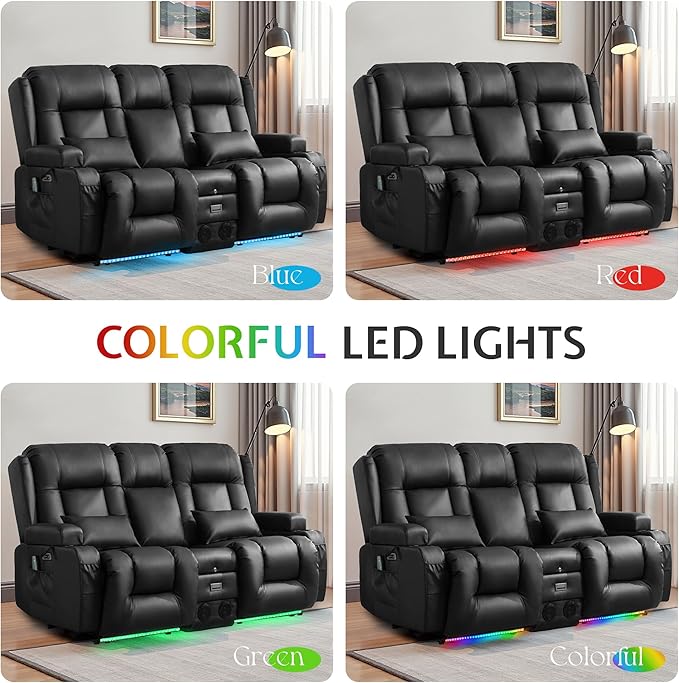 URRED Power Reclining Loveseat Sofa with Console RV Couch Loveseat Recliner Sofa with Massage &amp Heat LED Light Cupholders Bluetooth Speakers USB Charge Ports Outlets Faux Leather Black