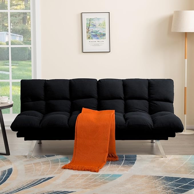 67” Convertible Futon Couch Bed Adjustable Pillow Top Arm Memory Foam Cloud Futons Loveseat Modern Light Gray Corduroy Mini Small Sofa Couches for Living Room