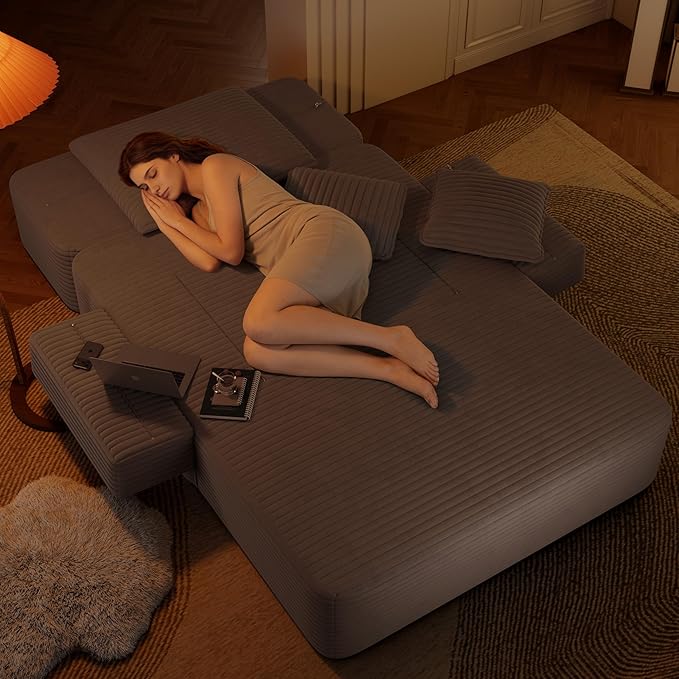 Oversized Convertible Chaise Lounge Chair Indoor Corduroy Upholstered Boneless Sleeper Sofa Bed with Side Pockets Modern Deep Seat Cloud Couch Reading Chairs for Living Room (Coffee)