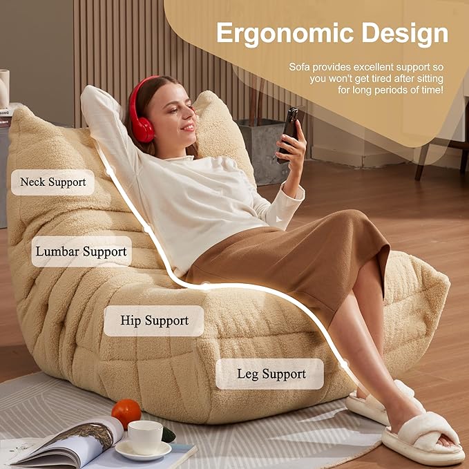 Bean Bag Chairs for Adults Giant Bean Bag Chair Memory Foam BeanBag Chair Bean Bag Sofa with Filler Faux Fur Fireside Beanbags Lazy Sofa for Living Room Bedroom Office (Khaki Teddy Single)
