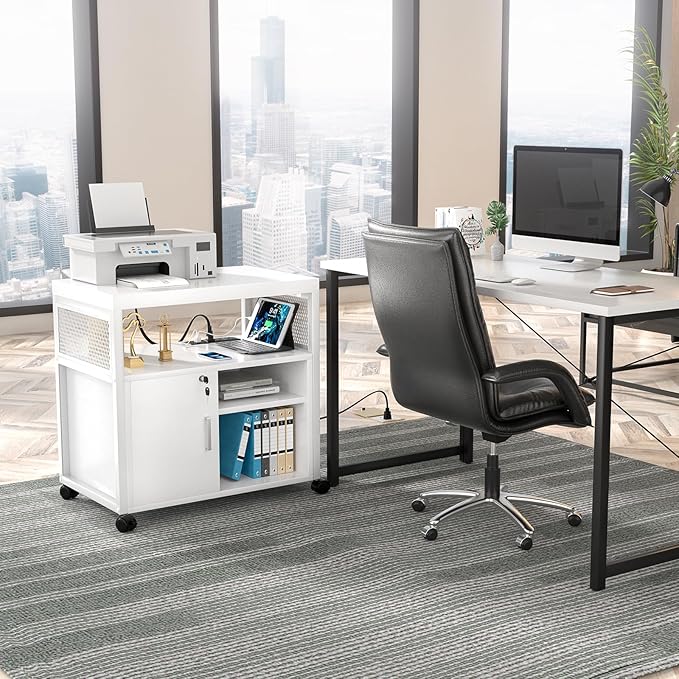 Unikito Rolling File Cabinet Lateral Office Filing Cabinets with Socket and USB Charging Port Modern Printer Stand on Wheels Printer Cabinet with Door and Open Storage Lockable White