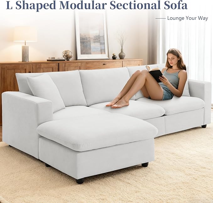 100.4 Modular Sectional Sofa Cloud Couch for Living Room Modern Convertible L Shaped Couch Set with Ottoman 4 Seater Polyester Fabric Sofa with 2 Pillows for Apartment Office (White)