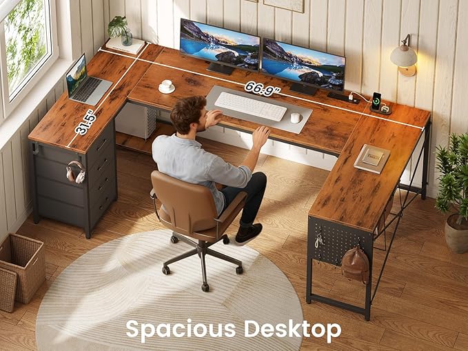 L Shaped Desk 67 Reversible Computer Desk with 4 Fabric Drawers and Power Outlet Corner U Shaped Desk with Shelf and Pegboard for Home Office Rustic Brown