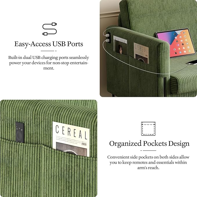 STHOUYN Small Green Love Seat Couches with USB Port &amp Side Pocket Small Loveseat for Small Spaces Mini Sofa for Bedroom 2 Seater Office Couch (Green)