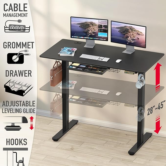 SHW 55 x 28 Inches Electric Height Adjustable Standing Desk with Drawer and Memory Preset Black