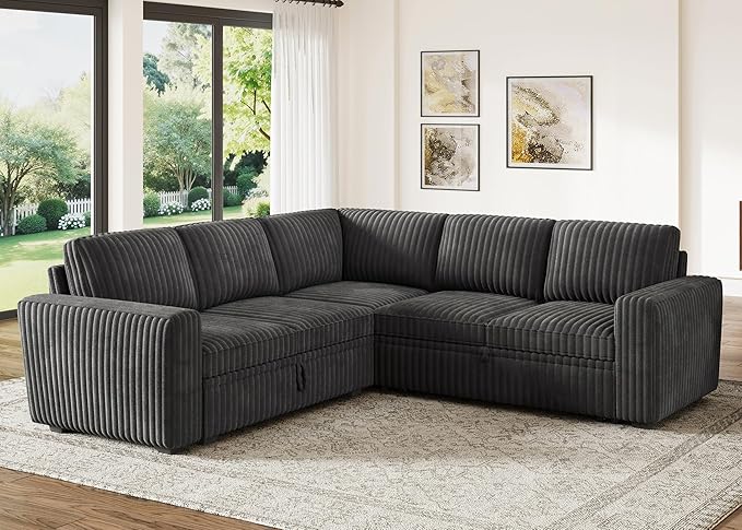 HONBAY Modular Sectional Sleeper Sofa with Pull Out BedCorduroy L Shaped Couch with Storage Sectional Couches for Living RoomDark Grey