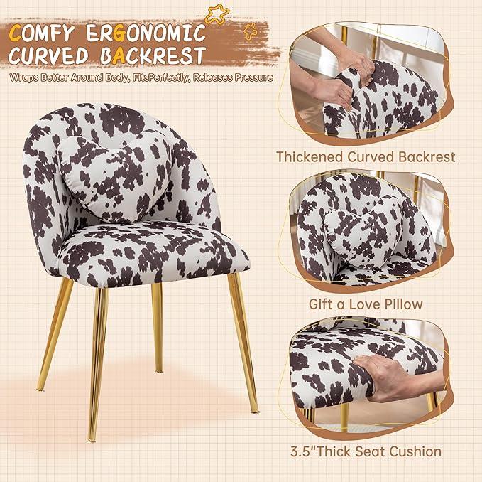 Vanity ChairAccent Makeup Comfy Cute Desk Girls Fluffy Chairs for Bedroom No Wheels Gold Metal Legs Stool (Cow Velvet)