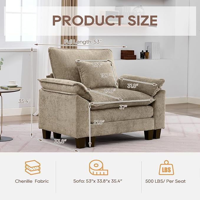 IPKIG 53 Modular Sectional Sofa Chenille Single Seater Sectional Couch Comfy Upholstered Seat Sofa Deep Seat Cloud Couch Sofa for Living Room Khaki | 2 Layer Cushion Cloud Couch Breathable Cheni