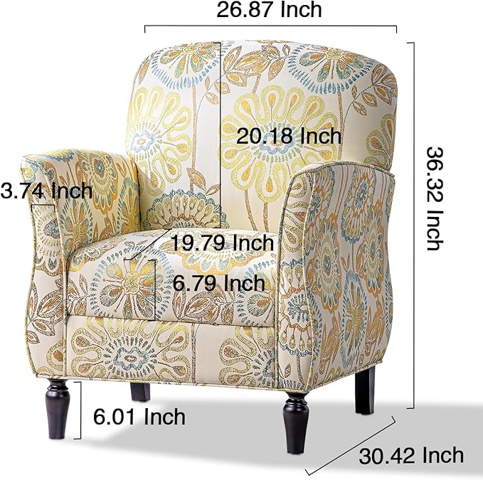 Wingback Chair Floral Club Chair Accent Living Room Chairs Fabric Pattern Retro Casual Recessed Armchair Accent Chairs Tufted Single Sofa Chair(Beige+Yellow + Fabric)