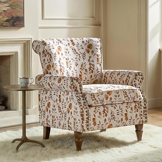 Wingback Accent Chair with Wood Legs Modern Comfy Upholstered Armchair with Removable Cushion and Nailhead Trim Floral Pattern Single Sofa Reading Chair for Living Room Bedroom