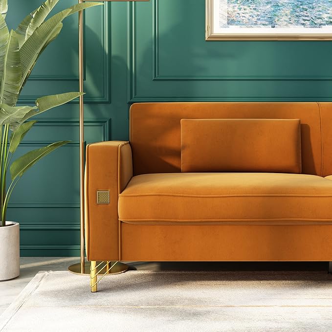 85 Velvet SofaMid-Century Modern Chesterfield 3 Seat Comfy Couch with Pillows Set of 2 for Living RoomBedroomApartment Furniture with Gold Metal Legs (P18-Orange)