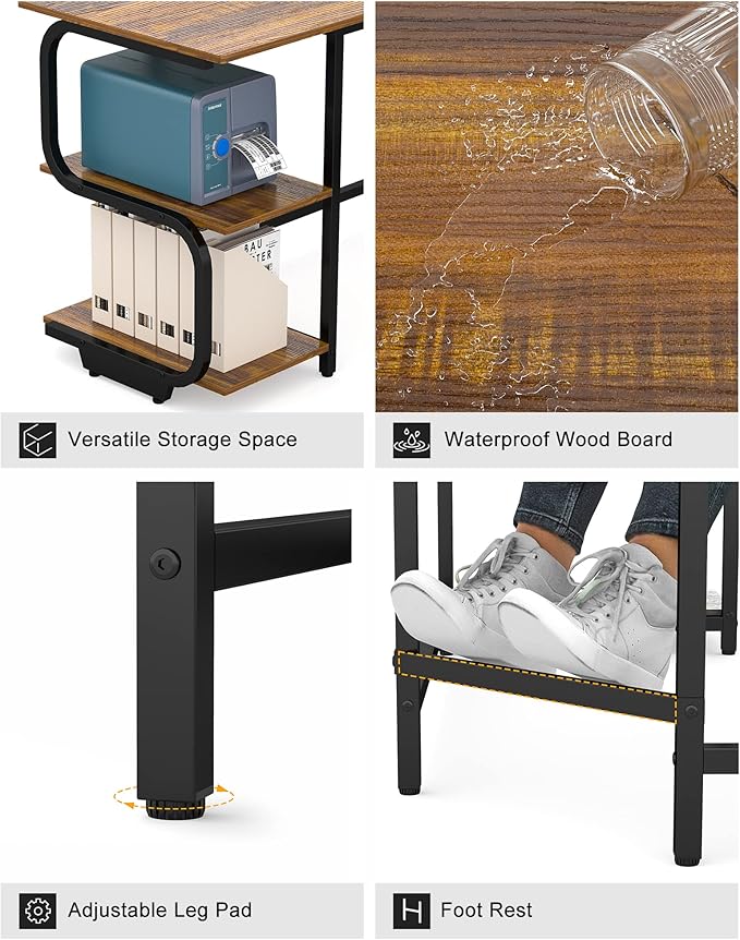 Teraves Modern L Shaped Desk with Shelves64.84 Computer/Gaming Desk for Home OfficeCorner Desk with Desktop (Teak+Black Frame Large+4 Tier Shelves)