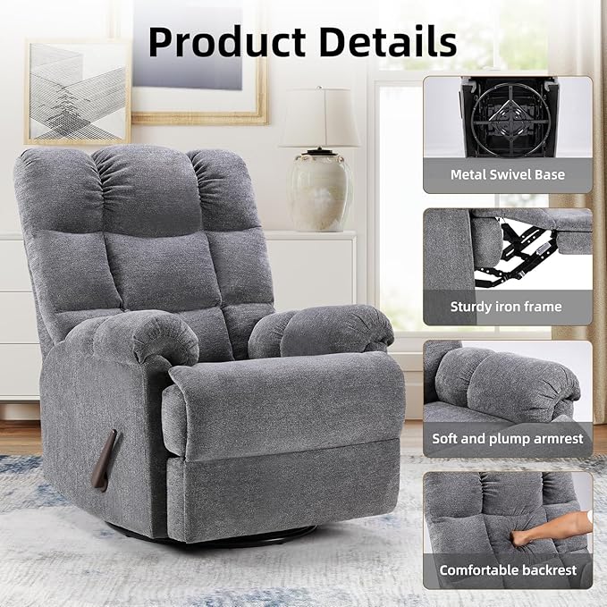 CANMOV Swivel Rocker Recliner for Adults Glider Rocking Reclining Chair for Nursery Manual Recliner Chair with Overstuffed Back and Arms for Living Room Bedroom Nursery Grey